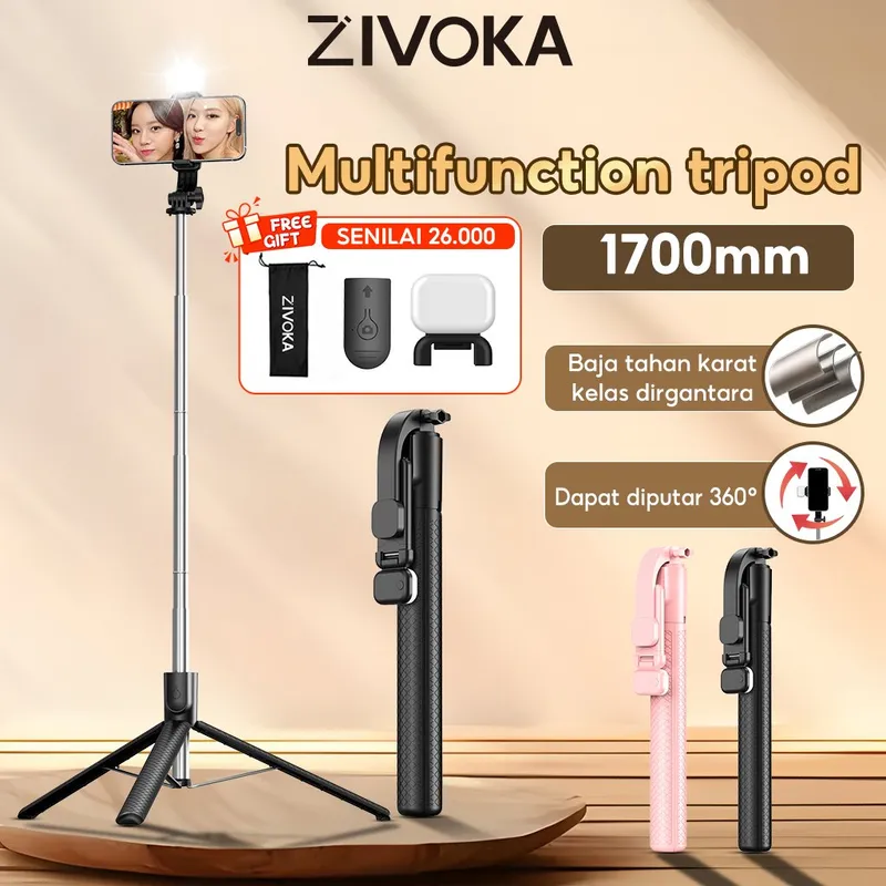 (Gratis 100%Asli Lampu Pengisi) ZIVOKA Tripod 170cm Selfie Stick LED Light Remote Bluetooth 170cm M