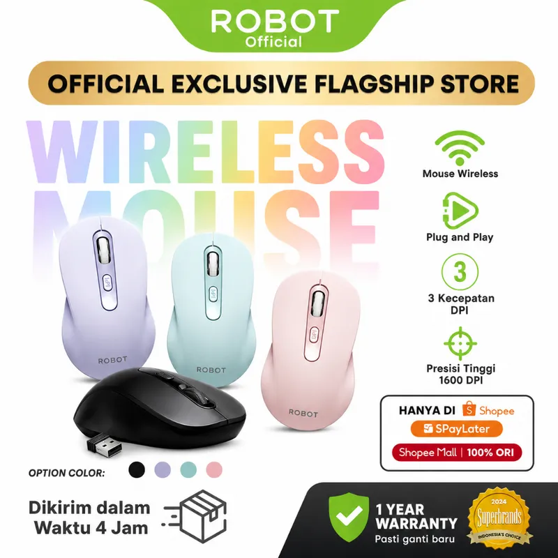 ROBOT Mouse Wireless M206 2.4GHz Optical 1600DPI Presisi Tinggi Akurat Plug and Play Tombol Daya Bat